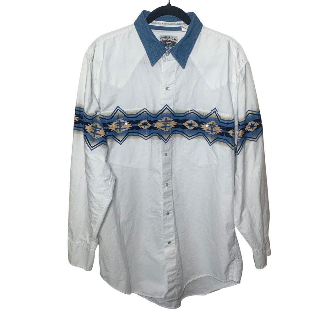 Cumberland Outfitters Western Snap Shirt Mens XL White Aztec Print‎ Denim Collar
